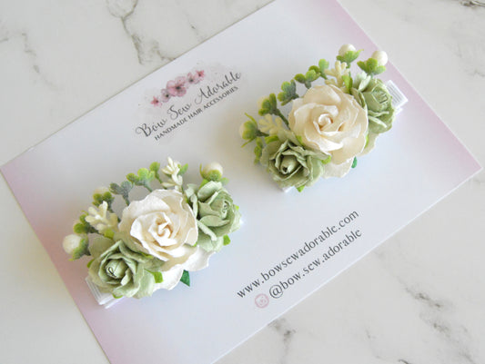 Fresh sage floral | Pigtail hair clip set