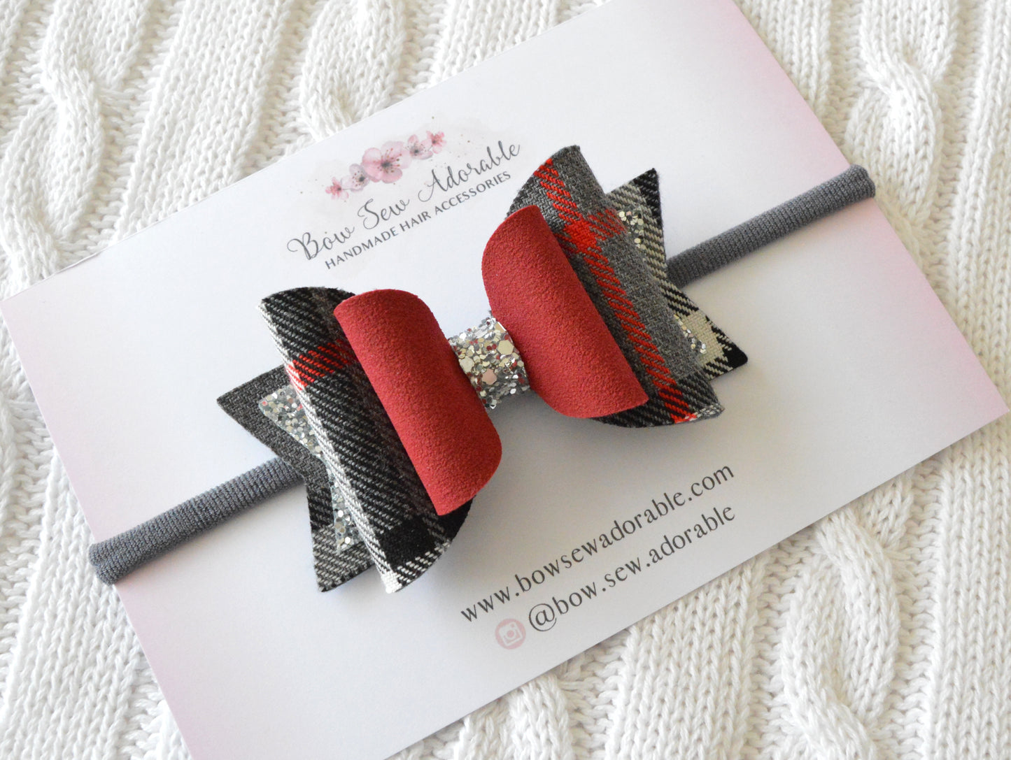 Grey red tartan | Hair bow