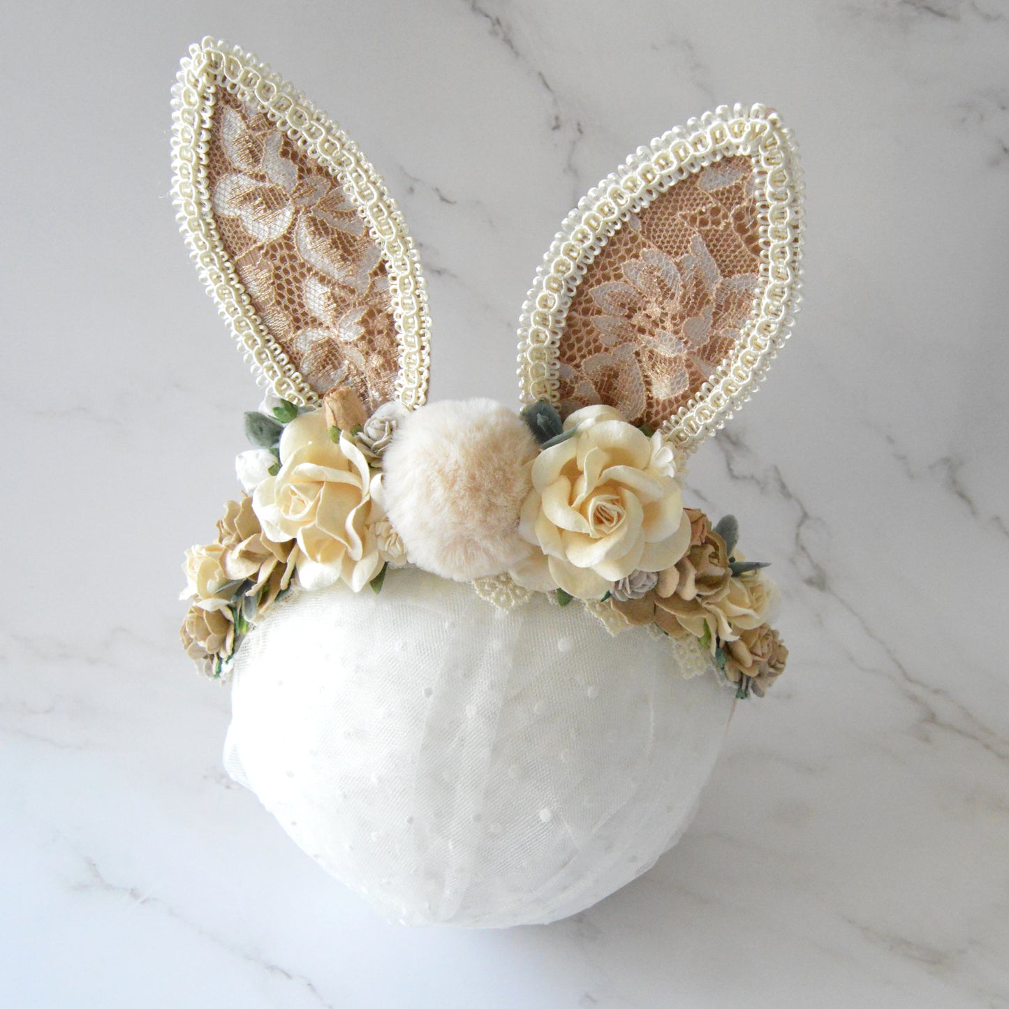 Beige lace bunny | OOAK nylon headband 9M+ RTP