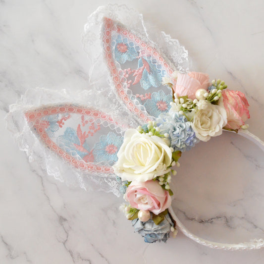 Blue + pink sheer lace bunny | OOAK alice hairband (18m+)
