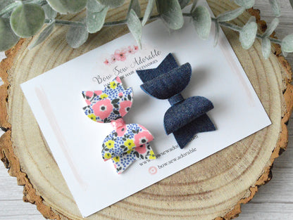 Floral coral & denim | Mini hair bow set