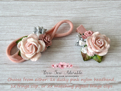 Dusky pink flower cluster | Flower headband / fringe clip