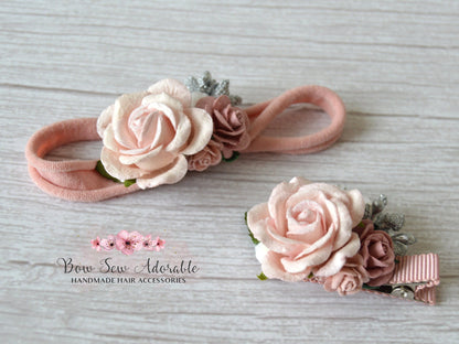 Dusky pink flower cluster | Flower headband / fringe clip