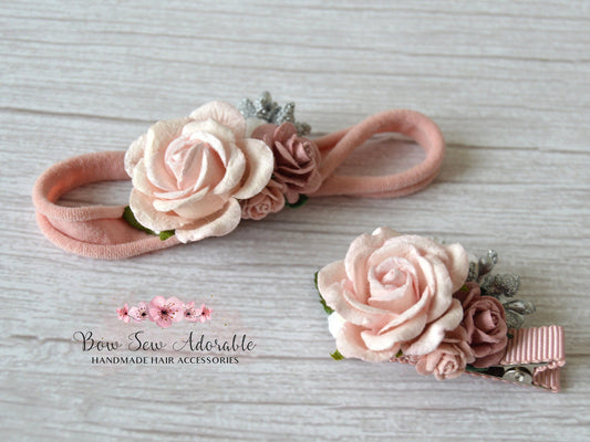 Dusky pink flower cluster | Flower headband / fringe clip