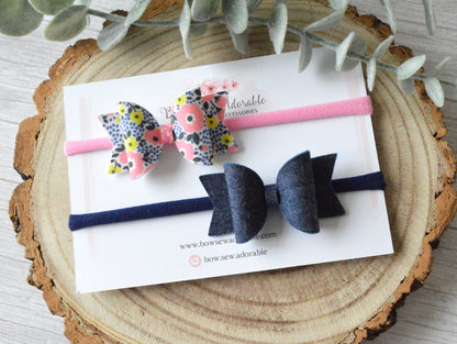 Floral coral & denim | Mini hair bow set